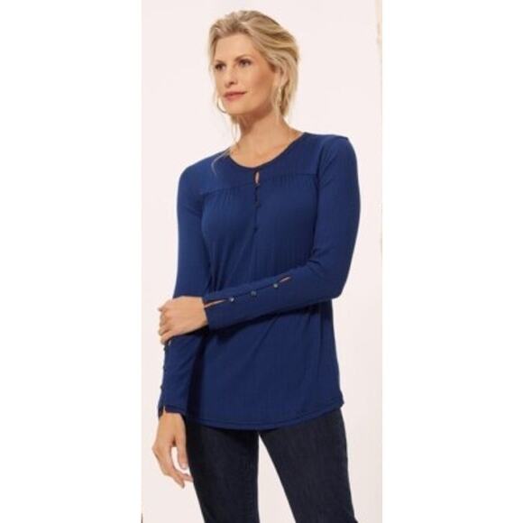 Soft Surroundings Women's Size Large Blue Riley Rib Knit Long Sleeve Popover Top - Picture 2 of 6